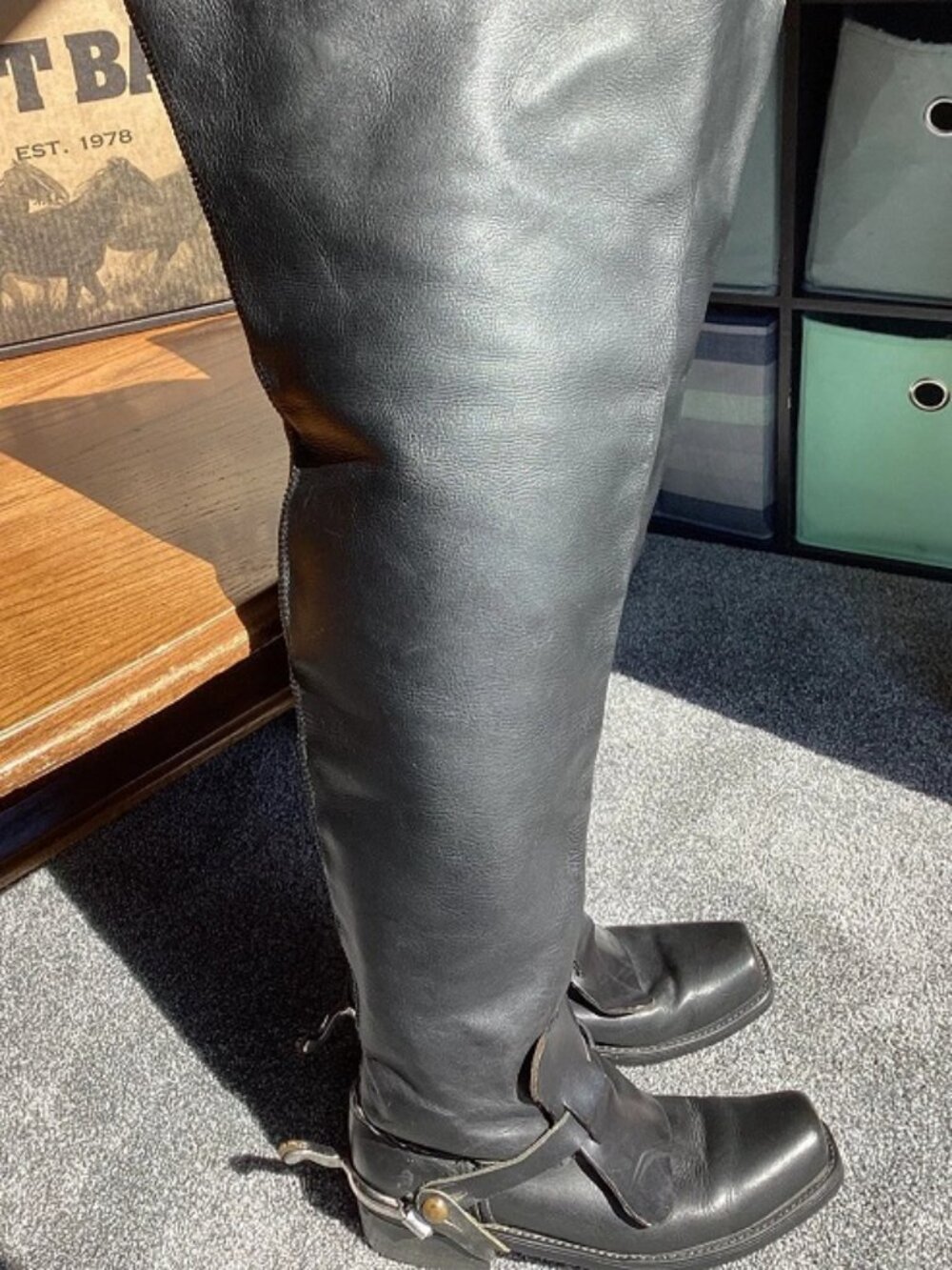 Mens CUSTOM Thigh High Black Cowboy Biker Motorcycle Boots w Spurs